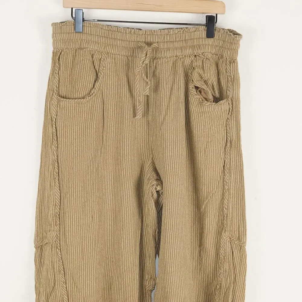 Free People Something Good Leaf Green Striped Cotton Pull On Barrel Leg Pants L